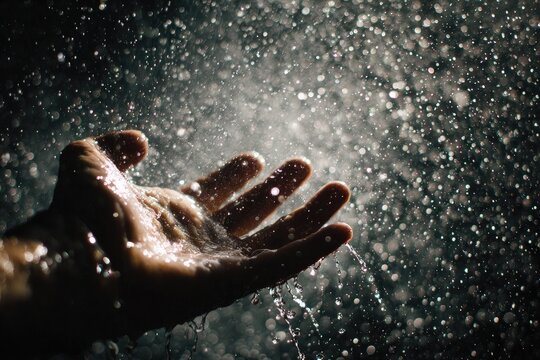A hand reaching into a shower of water droplets - Powered by Adobe