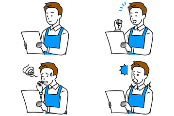 書類を見るエプロン姿の男性　セット