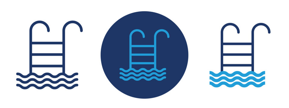 set of pixel perfect colored Pool icon , 1 Silhouette, 1 Unexpanded, Swimming pool with ladder and waves.