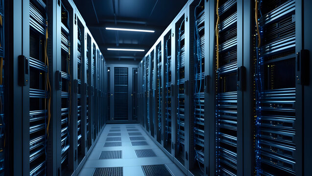 Server racks in dark blue computer network data center room created with generative AI
