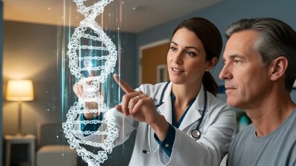 Doctor and Patient Engaging with Digital DNA Hologram for Genetic Analysis and Personalized Healthcare Consultation - Powered by Adobe