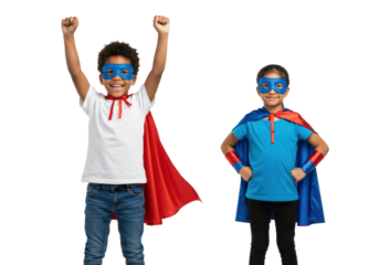 Multi-ethnic young boy (6-8) in red superhero cape, arms raised triumphantly, and young girl (7-9) in blue cape, on transparent studio background with copy space, high-angle, concept of childhood