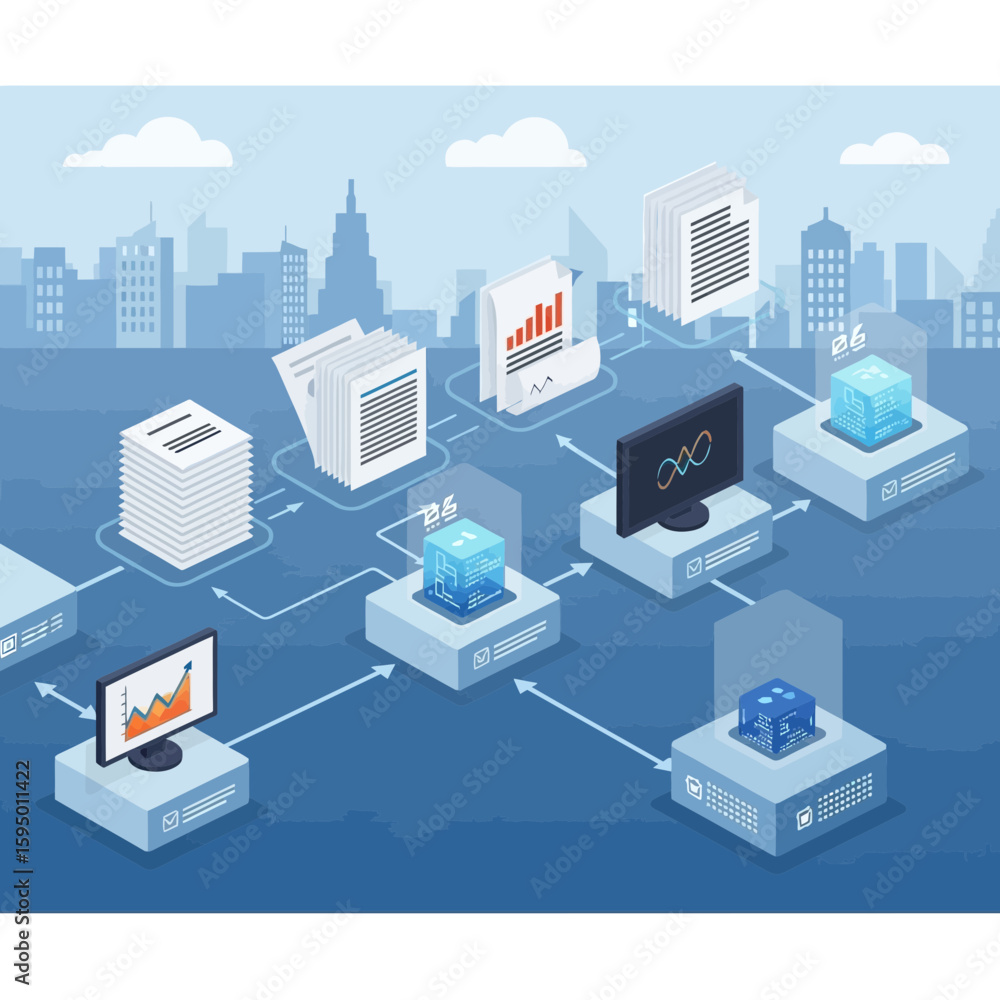 Poster network data flow concept showing interconnected devices and file sharing in a simplified cityscape 