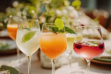 Four colorful drinks in tall glasses, garnished with herbs and fruit