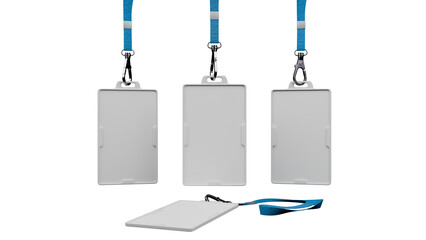 3D render mockup of blank ID card badges with blue lanyards and metal clips