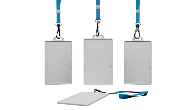 3D render mockup of blank ID card badges with blue lanyards and metal clips