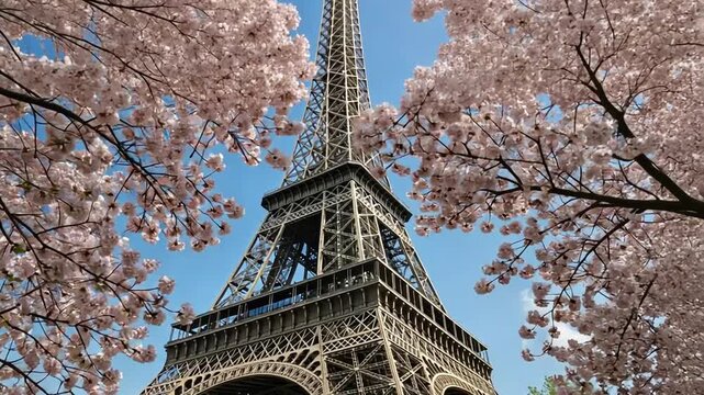 Eiffel Tower framed by blooming cherry blossoms under a blue sky.