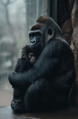 Obraz premium Gorilla and baby primate in zoo wildlife conservation exhibit showcasing nature and habitat interactions