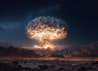 Nuclear explosion mushroom cloud against the background of desert mountains at night. Stock photo.