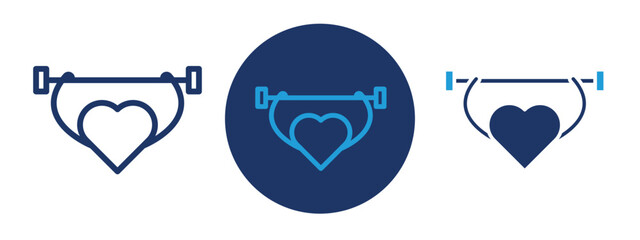 set of pixel perfect colored Strong heart icon , 1 Silhouette, 1 Unexpanded, A bold heart with strength lines, symbolizing cardiovascular health.