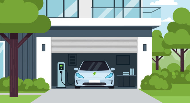 Adobe illustrator vector flat style illustration of a modern eco-friendly house with an electric car charging in the garage. Concept for sustainable living and green energy