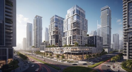 Fototapeta premium A modern architectural complex with a unique block design at a busy intersection in a futuristic city.