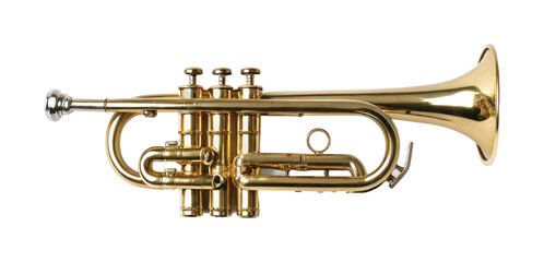 Obraz premium Golden brass trumpet musical instrument with valves and mouthpiece