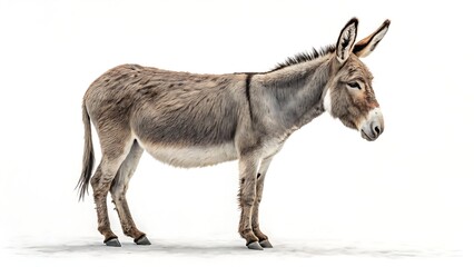 Fototapeta premium Full-body image of a domestic donkey with long ears and neutral posture on a clean white background.