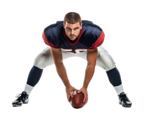 Male caucasian young adult ready for football game with intense focus