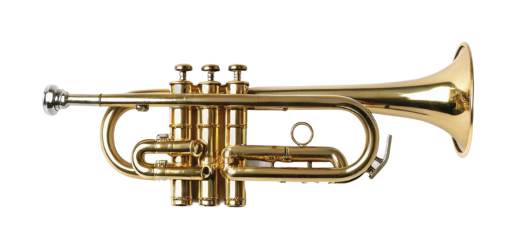 Golden brass trumpet musical instrument with valves and mouthpiece