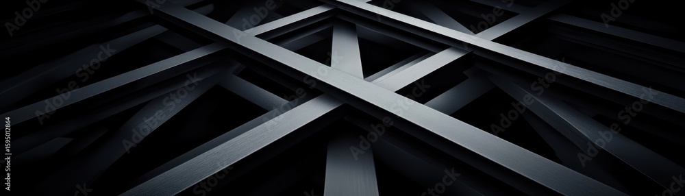 Poster dark metallic beams intersect in an abstract architectural pattern, creating a modern and industrial