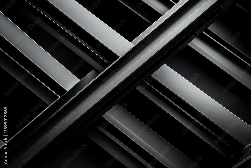 Poster close-up of intersecting black metal beams creating a modern, geometric abstract pattern with strong