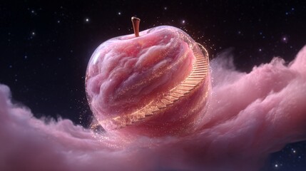 Surreal pink apple in a dreamlike sky with golden spiral