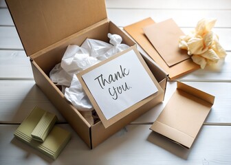 A thank you card sits atop a box with packing material and envelopes