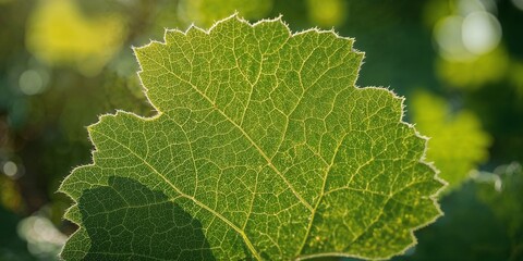 Detailed Green Leaf with Backlit Veins and Textured Edge in Nature