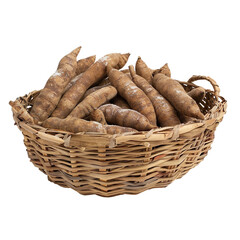 Woven basket filled with fresh cassava roots isolated on transparent background