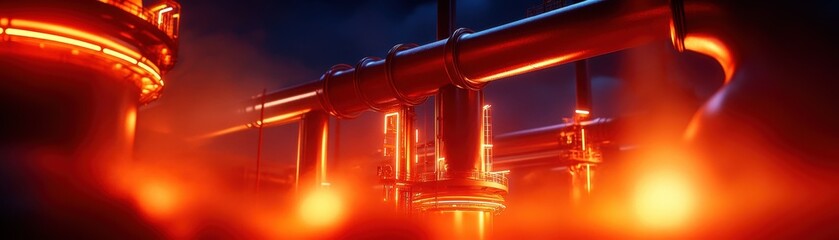 Industrial refinery at night with glowing orange lights and complex piping under a dark blue sky.