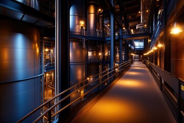 Industrial interior with large metal tanks, pipes, and warm lighting, showcasing a modern manufacturing or processing plant corridor.