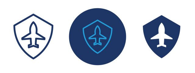 set of pixel perfect colored Travel insurance icon , 1 Silhouette, 1 Unexpanded, A shield with travel elements indicating protection for travelers.