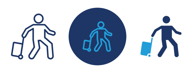set of pixel perfect colored Traveller icon , 1 Silhouette, 1 Unexpanded, A walking figure with suitcase symbolizing a traveler on journey.