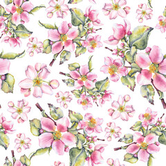 Watercolor illustration of pink apple blossoms with green leaves seamless pattern on white. Suitable for eco cosmetics, floral packaging, seasonal branding, spring festivals, and wedding stationery.