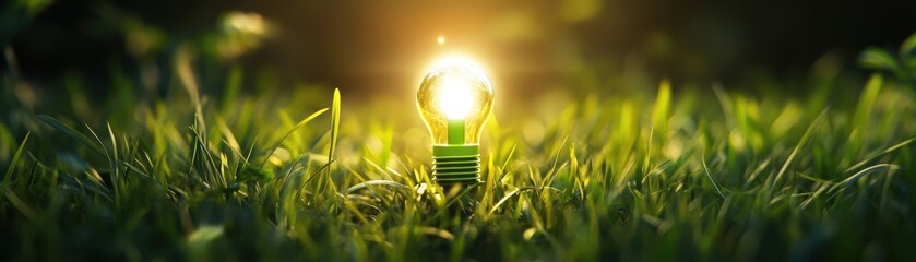 A glowing light bulb stands upright in green grass, symbolizing bright ideas, innovation, and eco-friendly energy in a natural environment.