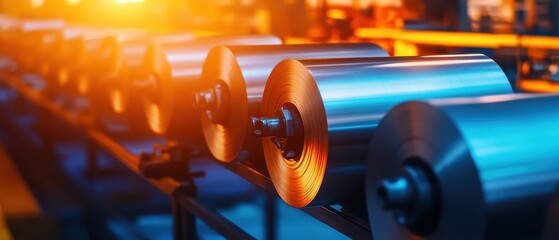 Rolls of shiny metal sheets are positioned on a conveyor system in an industrial setting with warm lighting.