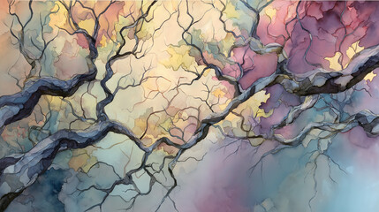 Abstract Watercolor Painting with Twisted Branches and Soft Color Palette