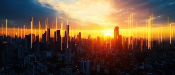 A city skyline at sunset with digital orange light bars overlaying the image, symbolizing data flow or connectivity in an urban environment.