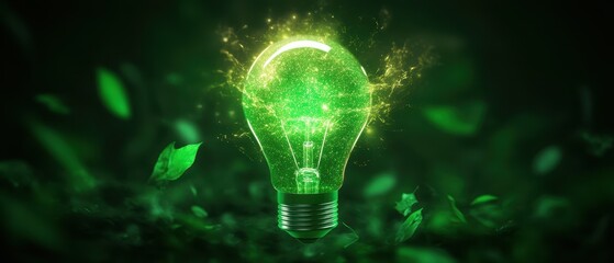 A glowing green light bulb surrounded by leaves symbolizes eco-friendly energy and sustainable innovation.
