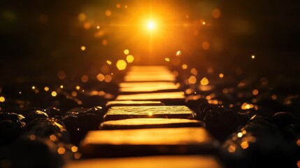 A glowing stone path illuminated by warm, golden light leads into a radiant, sunlit horizon with sparkling bokeh effects.