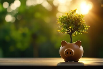 A small tree grows from a piggy bank, symbolizing financial growth and investment, set against a blurred green background with warm sunlight.