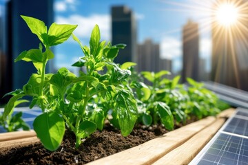 Green plants grow in soil on a rooftop garden with sunlight and city buildings in the background.