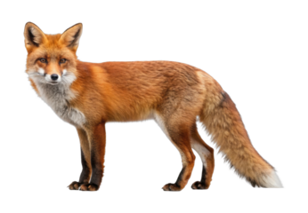 Portrait of a red fox standing in profile with bushy tail