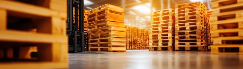 Stacks of wooden pallets arranged in a spacious warehouse with bright lighting and a clean concrete floor.