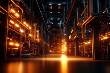 A futuristic industrial interior with glowing orange lights illuminating metallic pipes and structural elements in a symmetrical, high-tech environment.