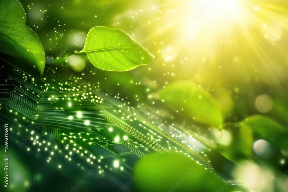Poster green leaves illuminated by sunlight with a digital circuit pattern blending nature and technology i