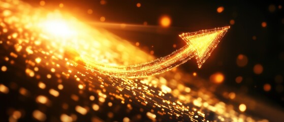 A glowing digital arrow made of light particles rises upward, symbolizing growth, progress, and advancement against a dark background with golden sparkles.