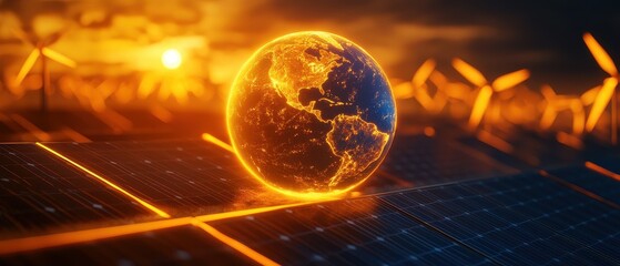 A glowing Earth hovers above solar panels with wind turbines in the background, symbolizing renewable energy and sustainability at sunset.