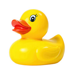 Yellow rubber duck with red beak and eye detail