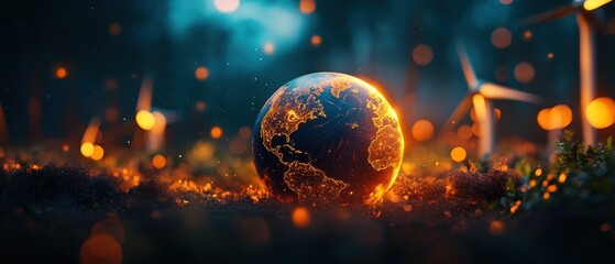 A glowing digital globe with illuminated continents rests on a dark surface, surrounded by vibrant bokeh lights, creating a futuristic and magical atmosphere.