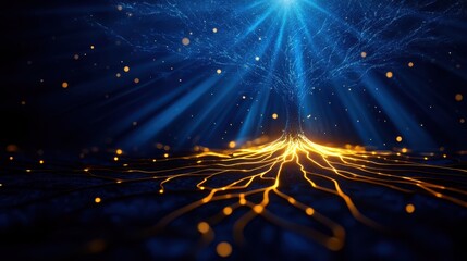 A glowing tree with illuminated roots and branches radiates light in a dark, digital, and futuristic environment.