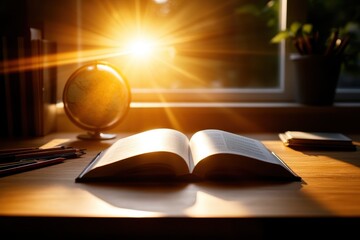 An open book on a wooden desk is illuminated by warm sunlight, with a globe and a potted plant in the background near a window.