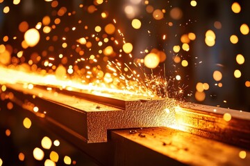 Sparks fly as metal is cut or welded, creating a bright, intense industrial scene with glowing particles and a textured steel surface.